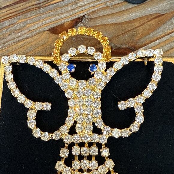 Vintage Angle Shaped Waterfall Dangle Fringe Rhinestones Brooch Pin Gold Toned - Picture 2 of 8